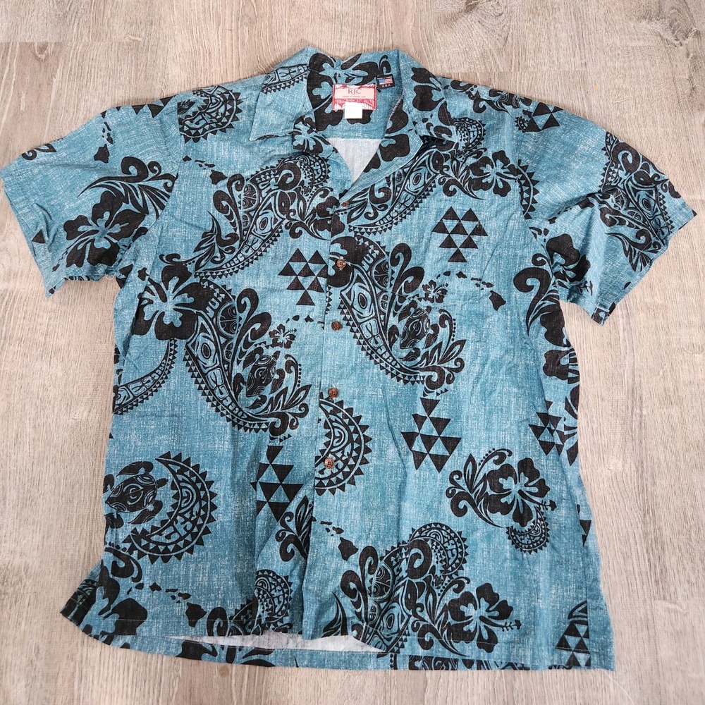 RJC Mens 2XL Hawaiian Shirt Teal Blue Tribal Tropical Print Made in USA 102CX